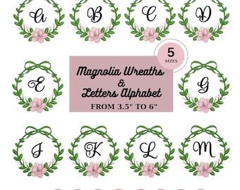 Magnolia Alphabet Bundle, Floral Letters Monogram Embroidery Designs, Custom Wedding Monogram PES, 5 Size