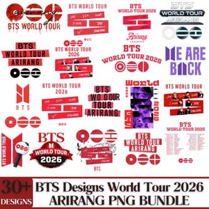 Pode incluir: Uma coleção de designs vermelhos e brancos do BTS World Tour 2026, incluindo logotipos, texto e imagens. Os designs apresentam o nome da banda, detalhes da turnê e a palavra "Arirang". A imagem também inclui o texto "30+ BTS Designs World Tour 2026 ARIRANG PNG BUNDLE."