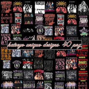 Puede incluir: Una colección de 40 diseños PNG con la banda KATSEYE, mostrados sobre un fondo negro. Los diseños incluyen fotos de la banda, logotipos y elementos de texto. También está presente el texto "katseye unique designs".