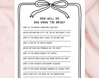 Minimal Bachelorette How well do you know the bride Game Printable PDF | Elegant Hen Party Activity Black & White | Hand Drawn Bow Frame