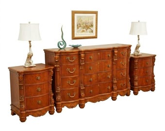 Vintage 3pc Rococo Revival Mahogany Set: Triple Serpentine Dresser and Two Matching Nightstands