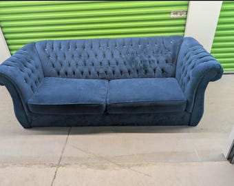 Vintage Blue Velvet Chesterfield Sofa Tufted Mid Century Hollywood Regency Couches Glam Living Room Seating Settee