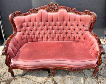 Vintage French Provincial Rosewood Sofa Pink Tufted Velvet Loveseat Louis XV Style Ornate Carved Wood Settee 