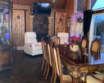 Michael Amini AICO Tuscano Dining Table 8 Chairs & China Cabinet Set | Carved Pine Mélange Finish | Luxury Old World Italian Style