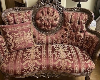 Antique Victorian Rococo Revival Medallion Back Parlor Loveseat Settee | Ornate Carved Wood Sofa | Burgundy Gold Damask Fabric