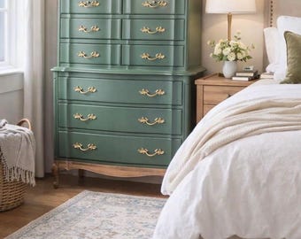 Vintage Furniture Louis  French Pronvincial style Solid Wood 6 drawers Dresser, serpentine Mouldings.Freshly refinished in green tone