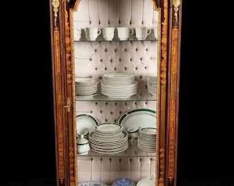 French Antique Napoleon III Vitrine 19th Century Marquetry Display Cabinet Gilt Ormolu Curio Cabinet Tufted Capitonne Velvet Silk Lining