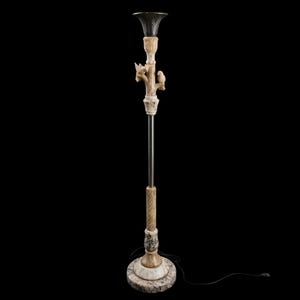 Antique Italian Carved Alabaster Cockatoo Torchiere Floor Lamp Art Deco Bird 1920s Marble Column Lamp Hollywood Regency Lighting