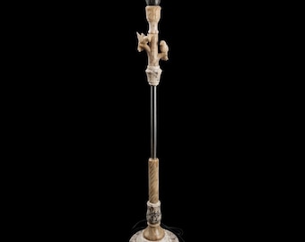 Antique Italian Carved Alabaster Cockatoo Torchiere Floor Lamp Art Deco Bird 1920s Marble Column Lamp Hollywood Regency Lighting