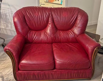 Vintage Red Leather Loveseat Scalloped Back Two Seater Sofa Wood Trim Base Mid Century Italian  Burgundy Leather Settee