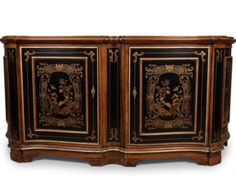 Authentic Maitland-Smith Hollywood Regency Sideboard Hand Painted Floral Mahogany & Black Lacquer Credenza Buffet with Brass Accents