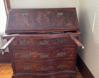 18thC Louis XV Slant Front Desk with 5 Original Keys, Burl Walnut Marquetry Bureau En Pente, Pristine Antique Bombé Secretary Desk