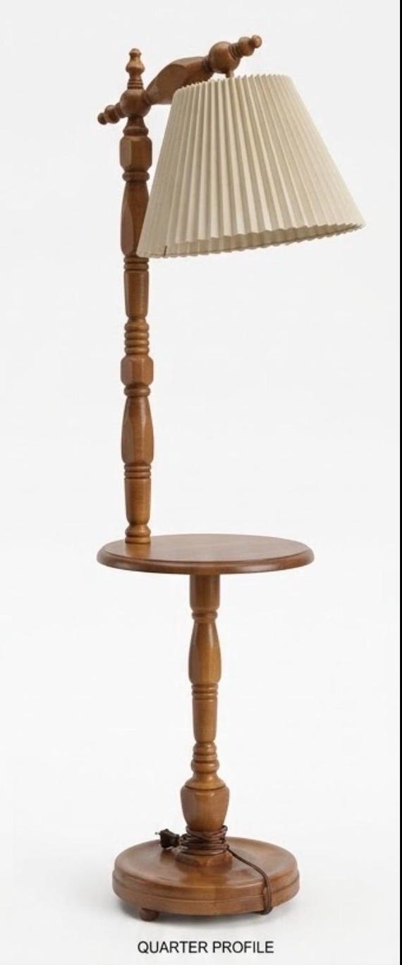Vintage Colonial Revival Turned Wood Bridge Floor Lamp with Built-in Side Table, Mid-Century Solid Maple Spindle Reading Light