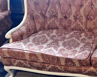 Vintage French Provincial Sofa, Pink Damask Tufted Couch, Louis XV Style Carved Wood Settee, Mid-Century Ornate Hollywood Regency Seating