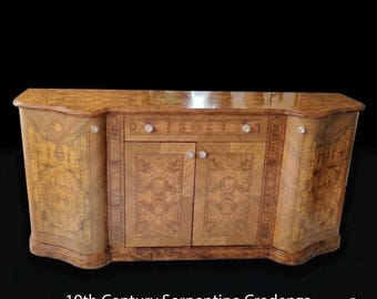 Vintage Italian Burl Walnut Sideboard Marquetry Buffet Credenza Serpentine High Gloss Hollywood Regency Mid Century Modern
