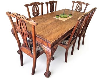 Vintage Chippendale Mahogany Dining Set 8 Chairs Ball & Claw Feet Gadroon Edge Table 9 pc High End Mid Century Formal Dining Room Set