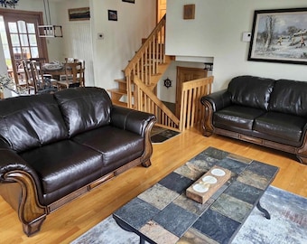 Vintage American Drew Traditional Dark Brown Leather Loveseat Sofa Pair with Carved Wood Accents and Rolled Arms - Two Matching Couches