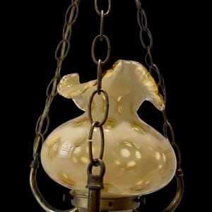 Lámpara colgante vintage Fenton Amber Opalescent Coin Dot - Lámpara colgante Amberina de mediados de siglo con volantes - Lámpara colgante de cristal con huella dactilar MCM