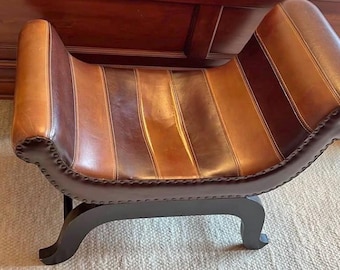 Vintage Maitland Smith Style Striped Leather Curule Bench Nailhead Trim Neoclassical Gout Stool U-Shaped Regency Window Seat 30 Inch