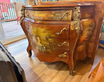 Antique Louis XV Bombé Commode - Hand Painted Vernis Martin Style Landscape & Portrait - Ornate Ram’s Head Ormolu Mounts - French Dresser