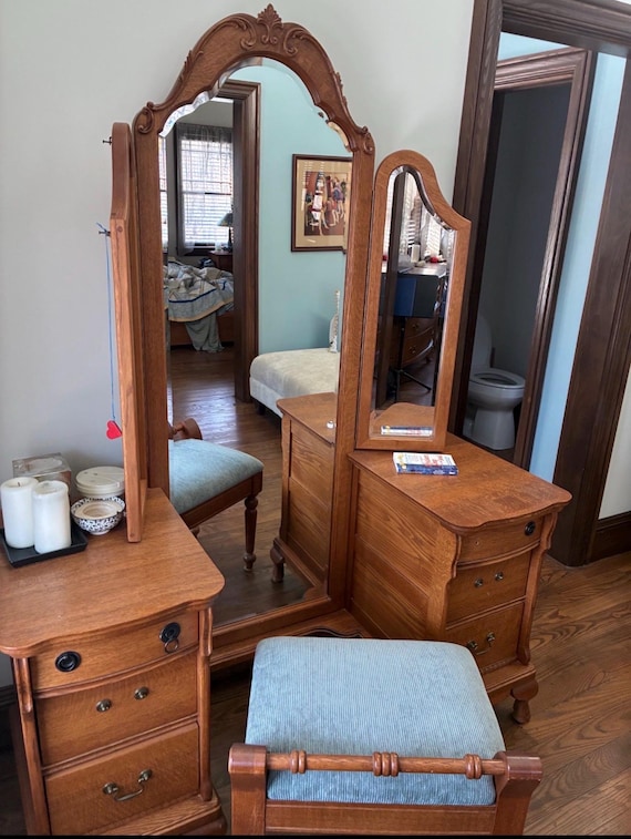 Vintage Golden Oak Tri-fold Mirror Vanity Set With Matching Bench