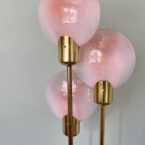 Vintage Hollywood Regency Pink Glass Floor Lamp Brass 3 Light Mid Century Standing Light