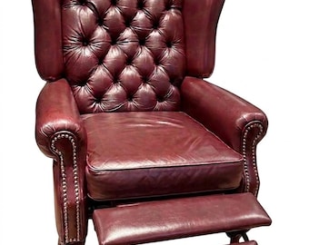 Vintage Jaymar Leather Wingback Recliner Chair, Oxblood Burgundy Tufted Chesterfield Highback Armchair with Brass Nailhead Trim