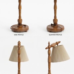May include: A floor lamp with a wooden stand featuring a circular side table, a turned post, and a round base. The lamp has a beige, pleated, cone-shaped shade. The text labels SIDE PROFILE, QUARTER PROFILE, and 180&deg; OPPOSITE VIEW are visible.
