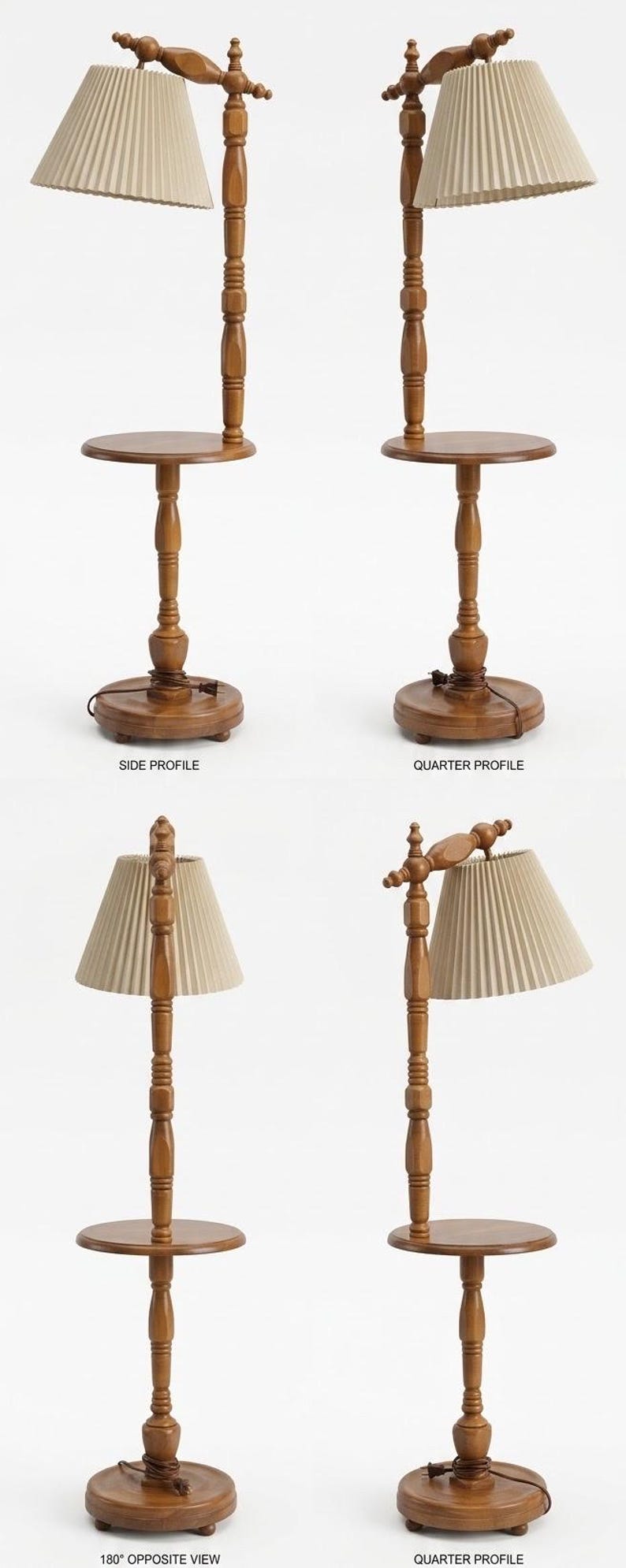 May include: A floor lamp with a wooden stand featuring a circular side table, a turned post, and a round base. The lamp has a beige, pleated, cone-shaped shade. The text labels SIDE PROFILE, QUARTER PROFILE, and 180&deg; OPPOSITE VIEW are visible.
