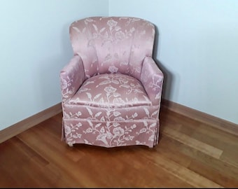 Vintage Hollywood Regency Barrel Back Club Chair Pink Floral Damask Mid Century French Provincial Skirted Armchairs 1 chair