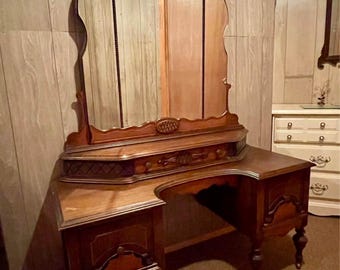 Antique 1930s Art Deco 4pc Bedroom Set Walnut Chevron Veneer Waterfall Vanity Bed Dresser Highboy
