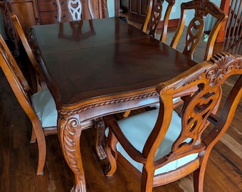 Vintage Queen Anne Cherry Dining Set 6 Chairs & Buffet | Ball and Claw Feet Acanthus Carvings | Traditional Formal 8pc Suite |