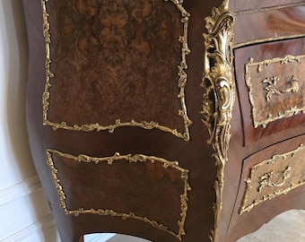 Louis XV Style Bombé Bureau, Vintage French Roll Top Desk Marquetry Ornate Ormolu