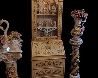 Antique Venetian Style Secretary Desk Hand Painted Floral Vitrine Hutch Italian Rococo Writing Bureau Cream & Gold Trim Vintage Secretary