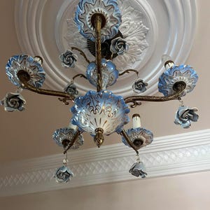 Vintage Italian Capodimonte Chandelier Brass 5 Arm Light Blue Porcelain Roses