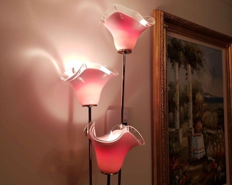Vintage 1980s Murano Pink Glass Calla Lily Floor Lamp - 3 Arm Brass Hollywood Regency Standing Light - Italian Art Deco Revival Floral Lamp