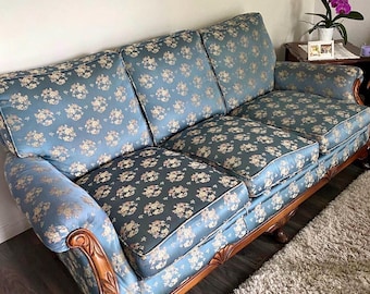 Vintage French Provincial Living Room Set Blue Damask Sofa Wingback Armchair Rococo Revival Carved Wood Couch Set 3 Piece Parlor Furniture