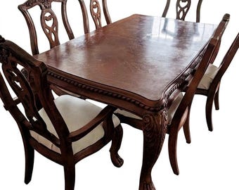 Vintage Queen Anne Cherry Dining Set 6 Chairs & Buffet | Ball and Claw Feet Acanthus Carvings | Traditional Formal 8pc Suite |