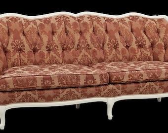 Vintage French Provincial Sofa, Pink Damask Tufted Couch, Louis XV Style Carved Wood Settee, Mid-Century Ornate Hollywood Regency Seating