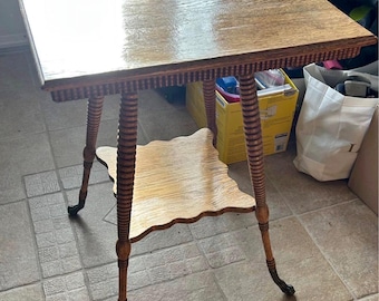 Antique Tiger Oak Parlor Table Glass Ball Claw Feet Victorian Spool Leg Accent Stand 1890s