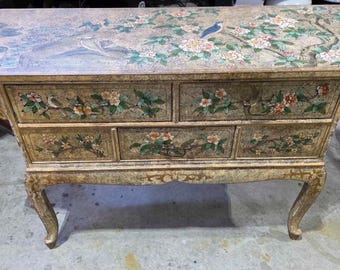 Vintage Union National Chinoiserie Altar Console Table Hand Painted Birds Floral Buffet