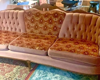 For sale as is. Vintage French Provincial 3-Pc Parlor Set - Dusty Rose Velvet Tufted Sofa, Loveseat & Bergère Chair - Louis XV