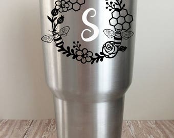 Personalized Bee Vinyl Decal for Yeti // Ozark Trail // RTIC Tumblers // Honey // Honeycomb Decal // Flower wreath decal