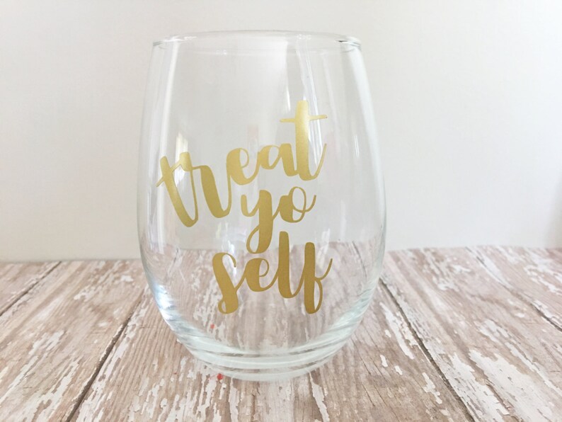 Treat Yo Self Stemless Wine Glass // Funny Wine Glass // Mom Gifts // Parks and Rec image 1