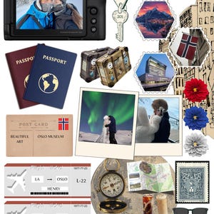 Puede incluir: Un collage con temática de viajes que incluye una cámara digital, pasaportes, maletas vintage, postales, billetes de avión, una brújula, una llave, sellos, gafas de sol y fotos de Noruega. Incluye una matrícula noruega.