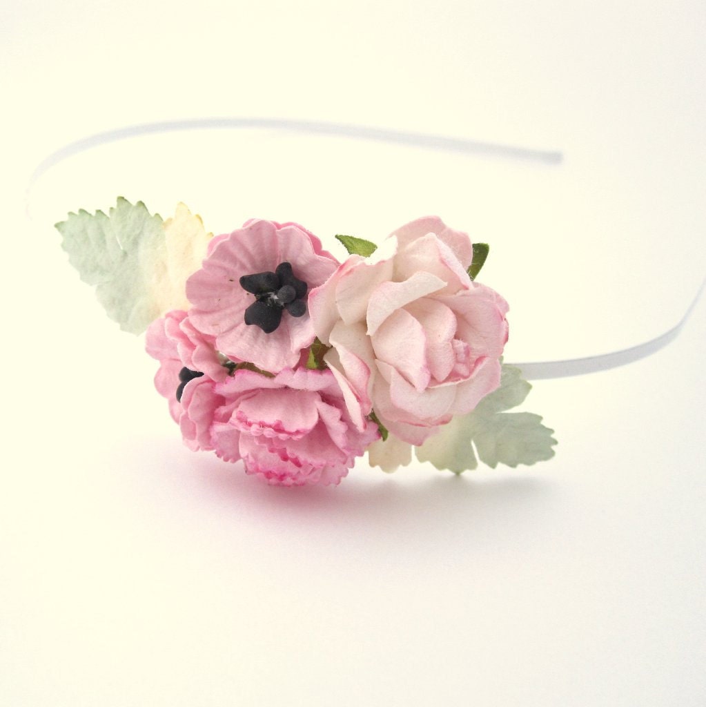 Light pink poppy and roses Woodland Headband. Floral Etsy