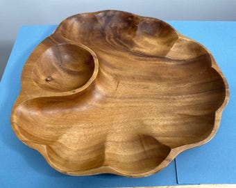 HandCarved Monkey Pod Wood Bowl  Dual Compartments  Haiti  MCM Chips & Dip