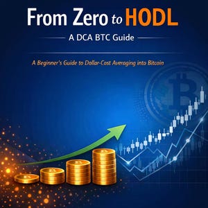 Könnte beinhalten: Buchcover mit dem Titel "From Zero to HODL" und dem Untertitel "A DCA BTC Guide". Das Cover zeigt Stapel goldener Münzen, einen grünen Pfeil nach oben und ein Bitcoin-Diagramm auf blauem Hintergrund. Der Autor ist DoFun.
