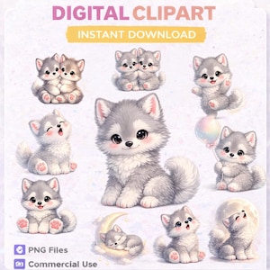 May include: Digital clipart featuring adorable cartoon husky puppies in various poses. The puppies are primarily gray and white with pink accents, some holding a balloon or sleeping on a crescent moon. The text "DIGITAL CLIPART" and "INSTANT DOWNLOAD" are displayed.