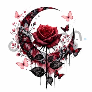 Puede incluir: Ilustración en acuarela de una rosa roja oscura en el centro, rodeada por un diseño de luna creciente. La luna está adornada con alas de mariposa en tonos rojos y negros. Mariposas rosas y detalles florales completan el diseño.